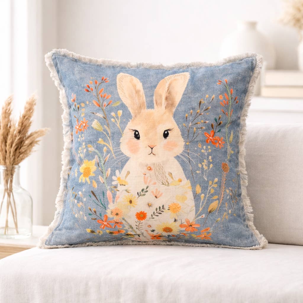 Embroidered Cotton Cushion- Rabbit Floral Design- 45x45 cm