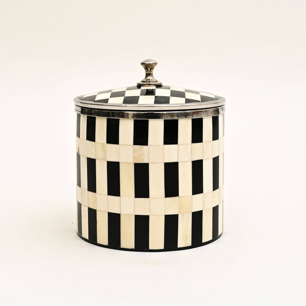 Handcrafted Bone Inlay Checkered Ice Bucket with Lid White