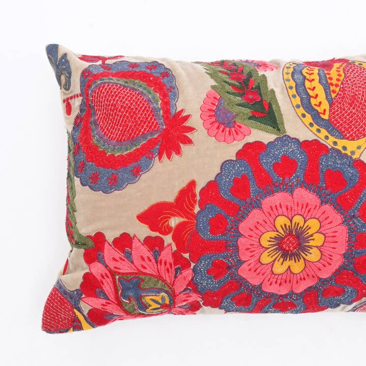 Boho Embroidered Cotton Velvet Lumbar Cushion -40×60 cm