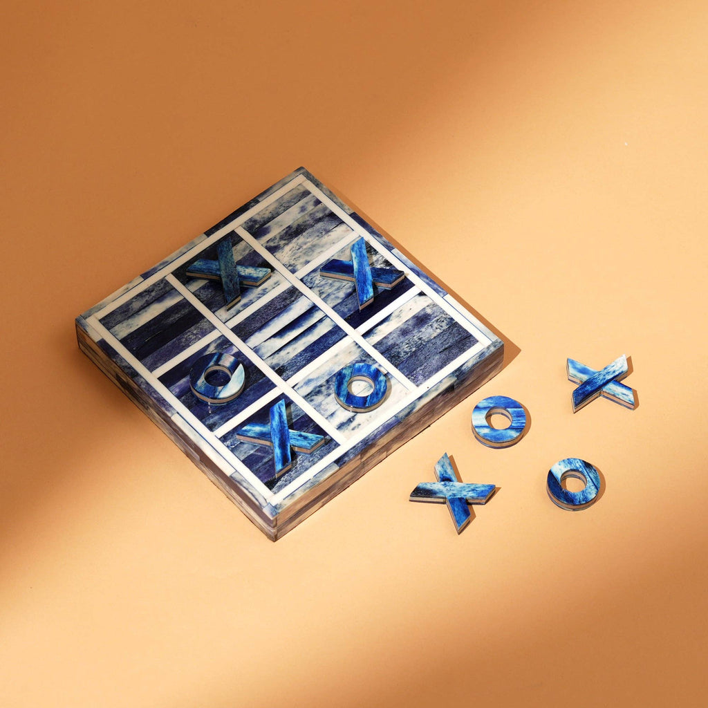 Handcrafted Blue Bone Inlay Tic Tac Toe Game Decor Set