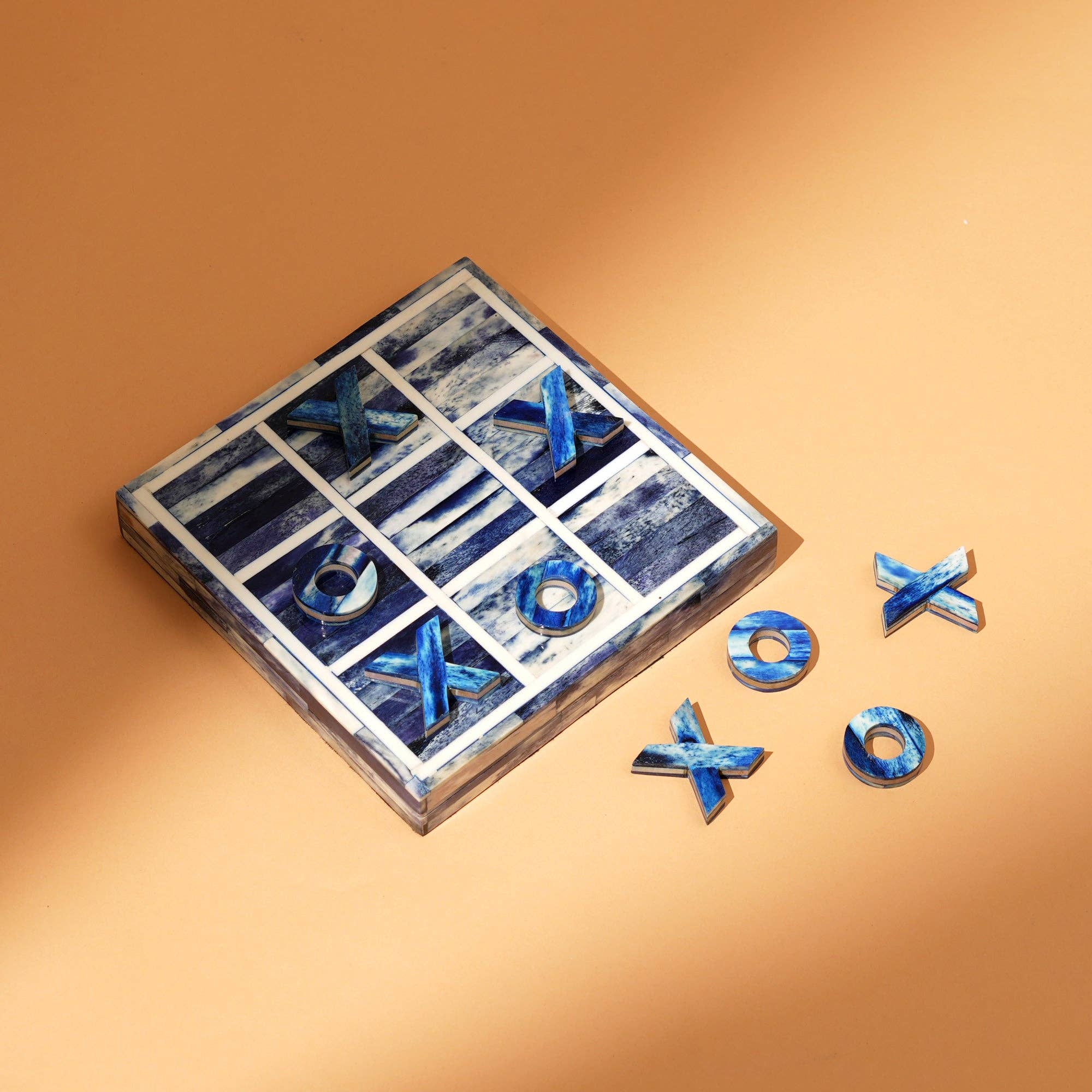 Handcrafted Blue Bone Inlay Tic Tac Toe Game Decor Set