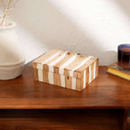 Handcrafted White Striped Wooden Box Brown Natural Finish