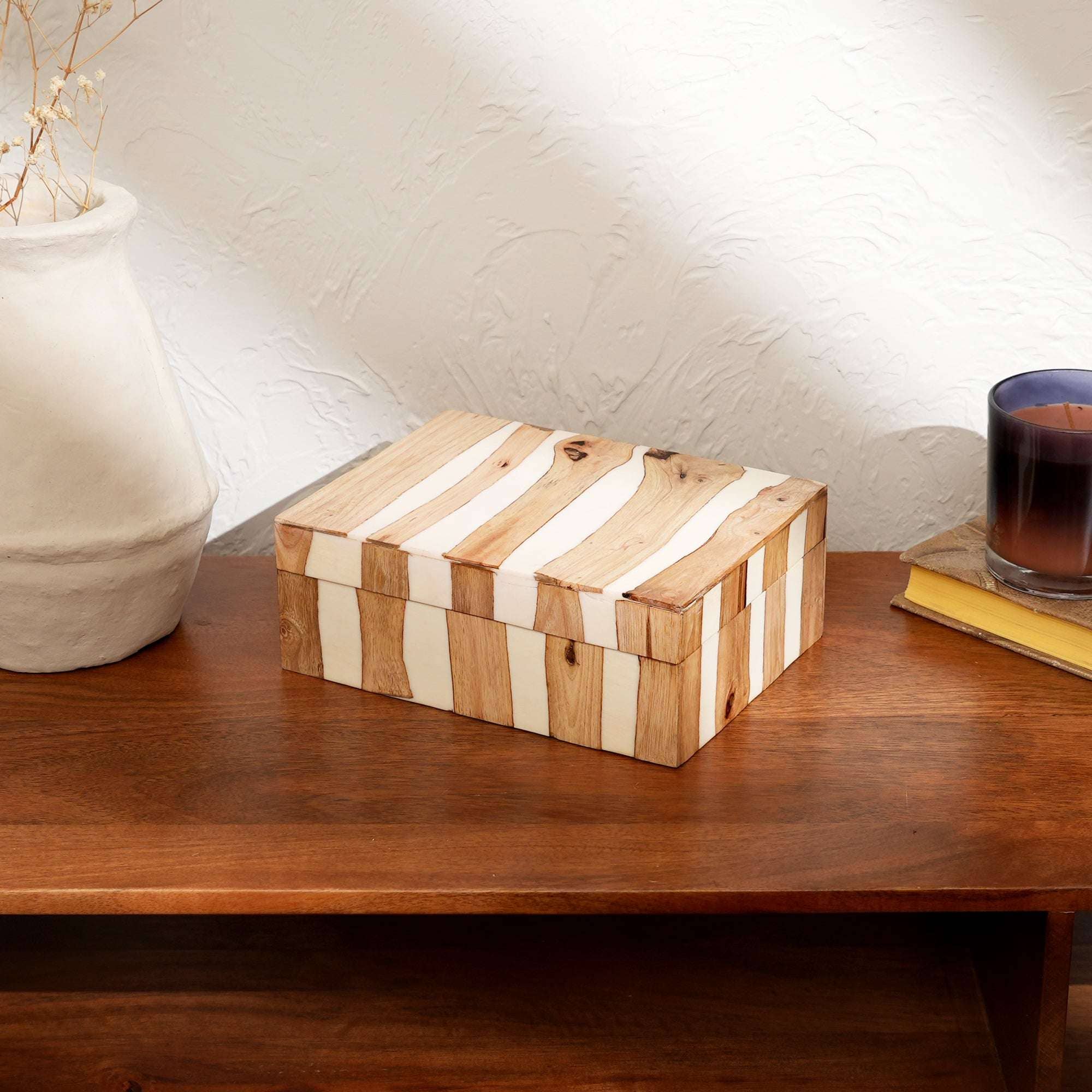 Handcrafted White Striped Wooden Box Brown Natural Finish