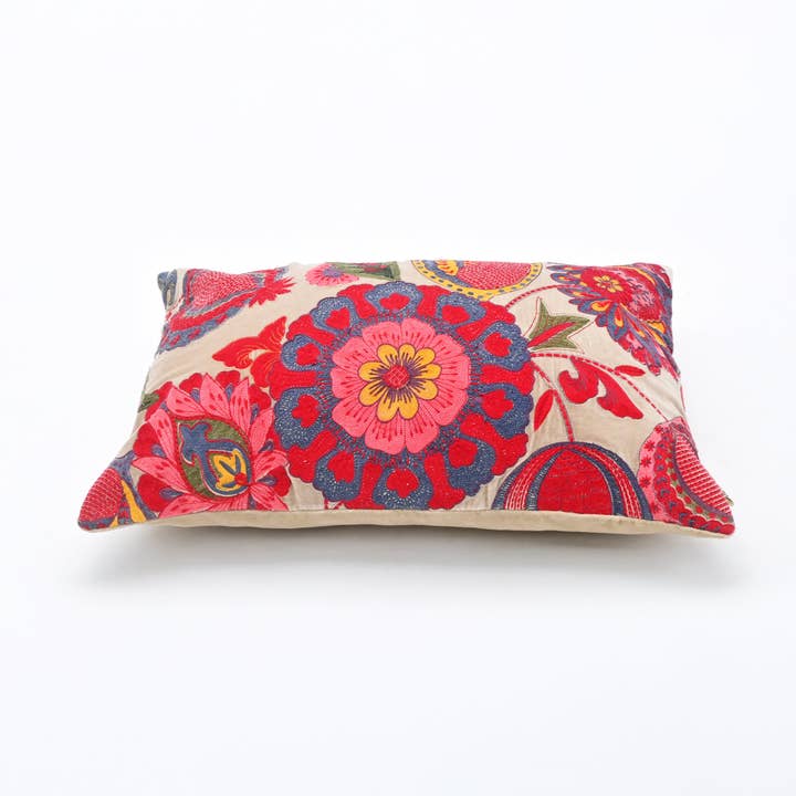 Boho Embroidered Cotton Velvet Lumbar Cushion -40×60 cm