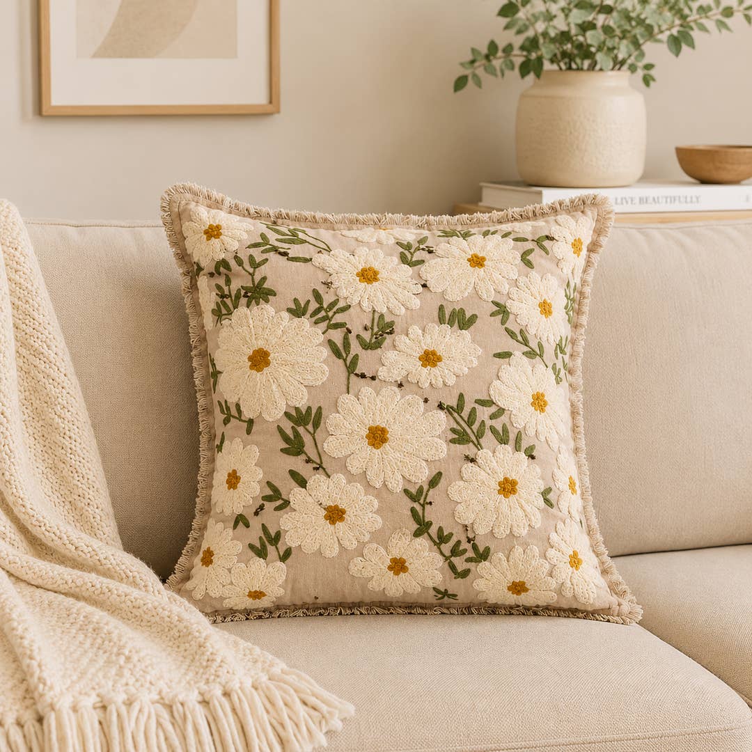 Embroidered Cotton Cushion- Flora Daisy Design- 45x45 cm