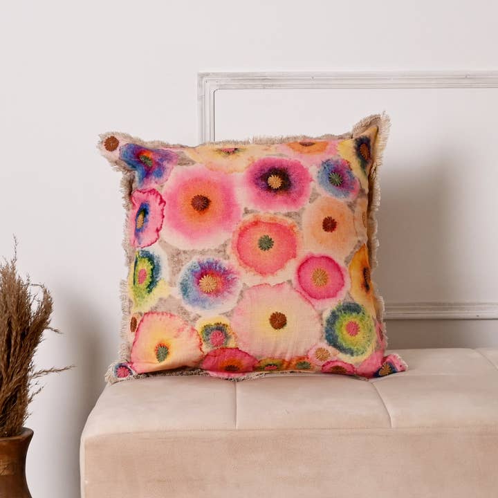 Printed & Embroidered Cotton Cushion- Bloom Design- 45x45 cm