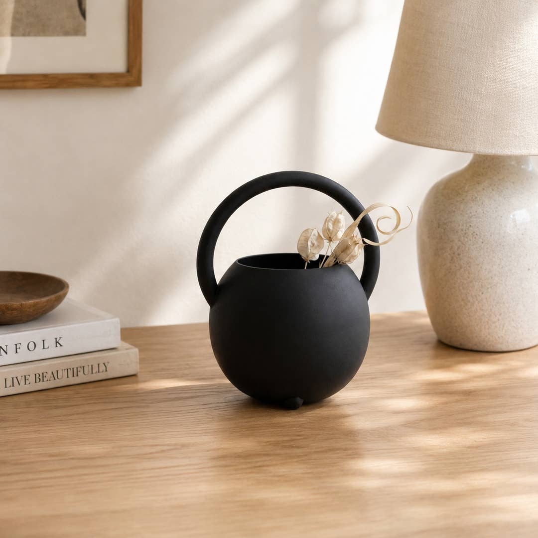 Modern Black Iron Vase | Decorative Handle Tabletop Accent