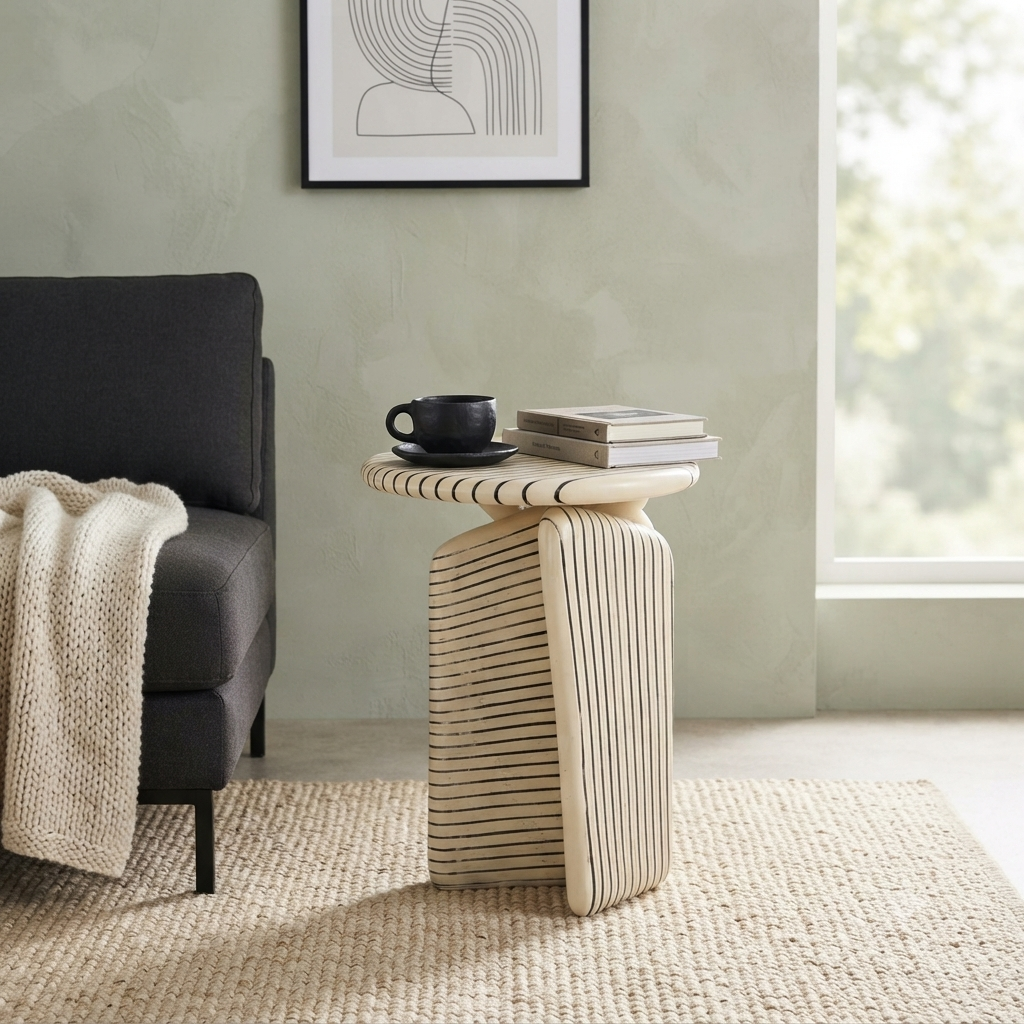 Modern Aluminium Side Table | Ivory Ribbed Accent Table