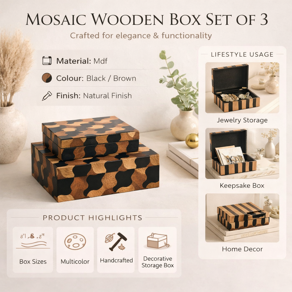 Mosaic Wooden Box Set of 3 – Handcrafted Decorative Storage