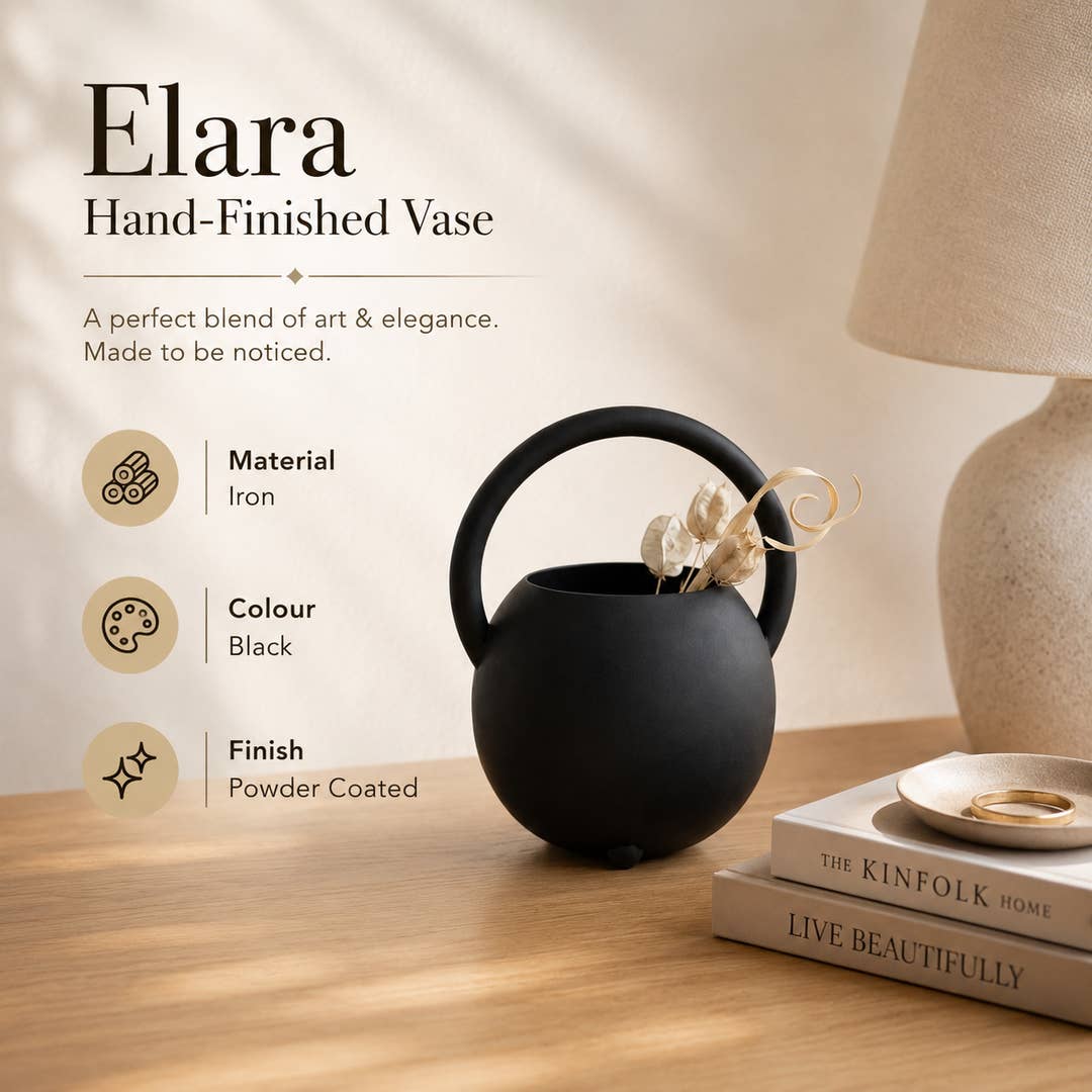 Modern Black Iron Vase | Decorative Handle Tabletop Accent