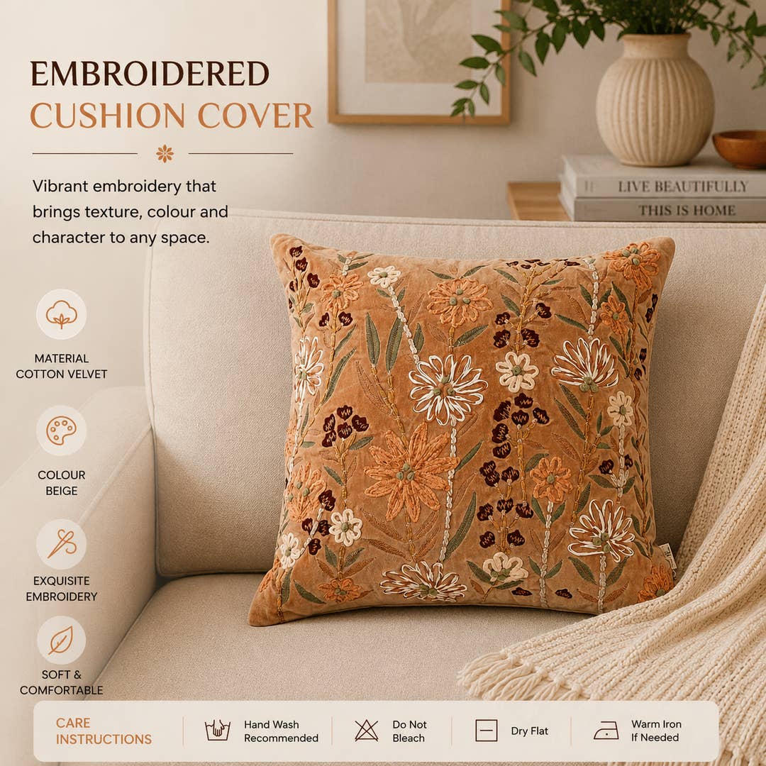 Peach Floral Embroidered Cotton Velvet Cushion 45x45 cm