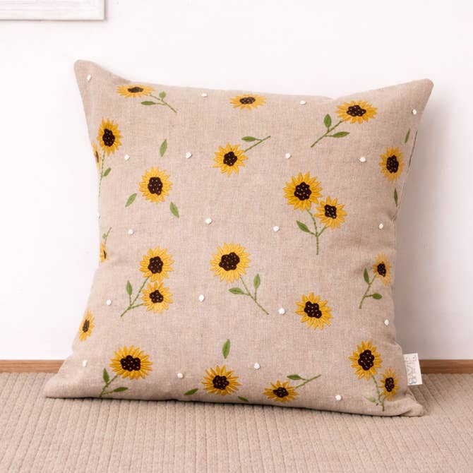 Embroidered Cotton Cushion- Sunflower Design- 45x45 cm