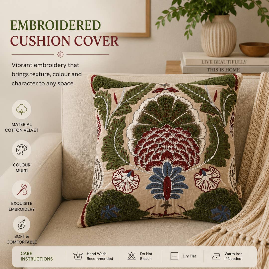 Hand-Embroidered Cotton Velvet Cushion 45×45 cm