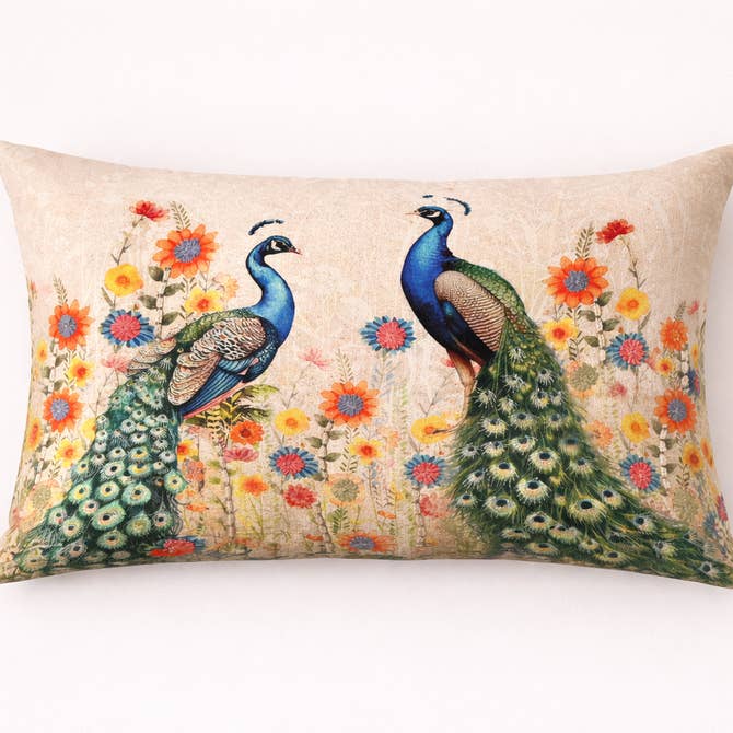 Floral Lumbar Cushion – Peacock Design– 40x60 cm