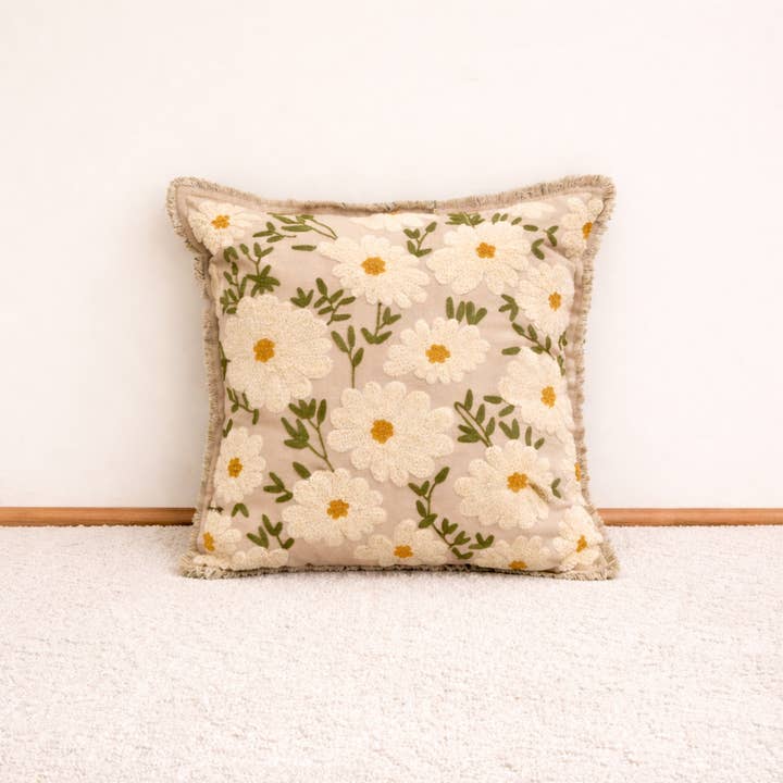 Embroidered Cotton Cushion- Flora Daisy Design- 45x45 cm