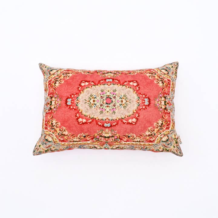 Floral Printed & Embroidered Cotton Lumbar Cushion- 40x60 cm