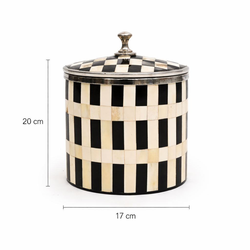 Handcrafted Bone Inlay Checkered Ice Bucket with Lid White