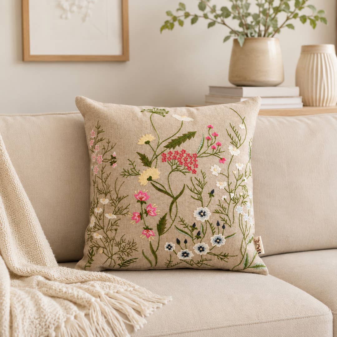 Embroidered Cotton Cushion- Branch Floral Design- 45x45 cm