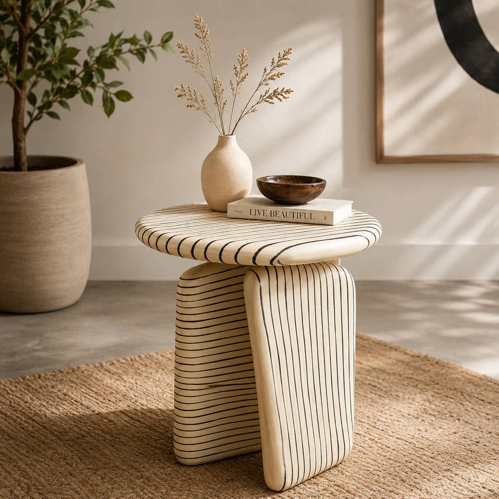 Modern Aluminium Side Table | Ivory Ribbed Accent Table