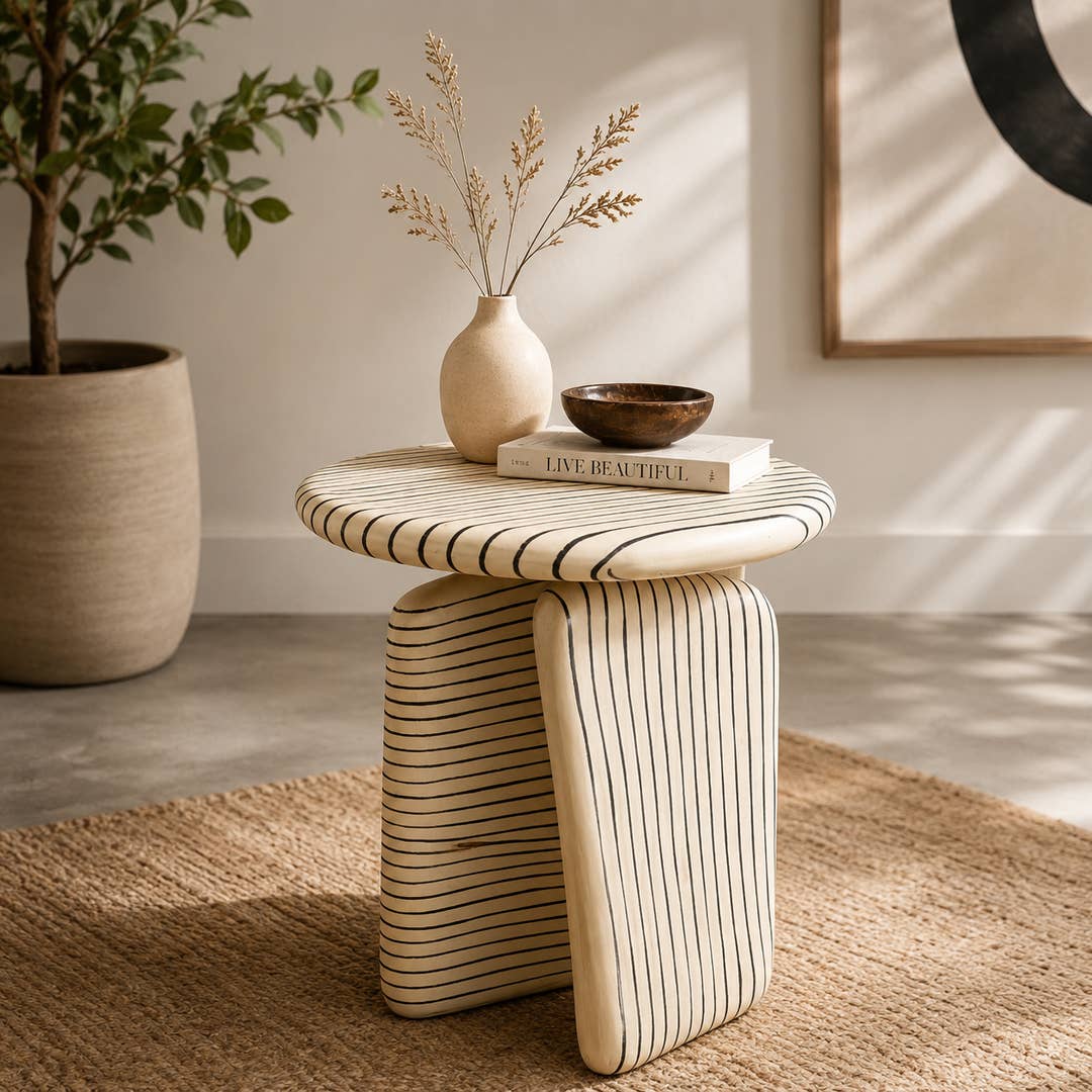 Modern Aluminium Side Table | Ivory Ribbed Accent Table