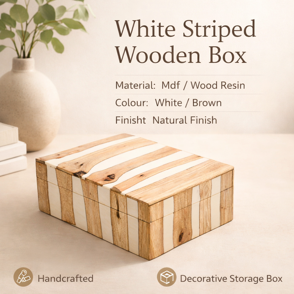 Handcrafted White Striped Wooden Box Brown Natural Finish
