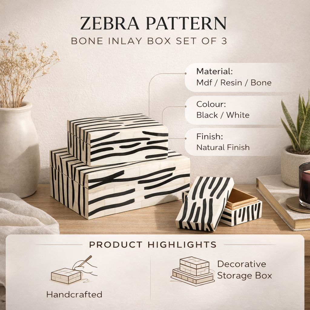 Handcrafted Zebra Pattern Bone Inlay Box Set of 3 White