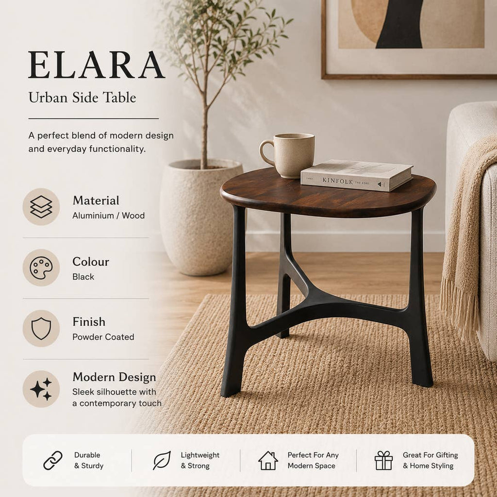 Round Wood Coffee Table with Black Metal Base| Modern Design