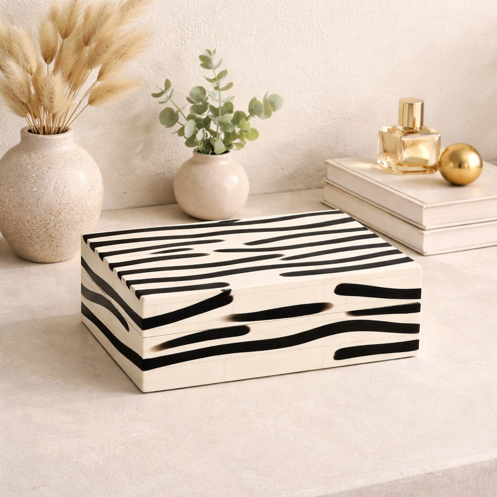 Handcrafted Zebra Pattern Bone Inlay Box Set of 3 White