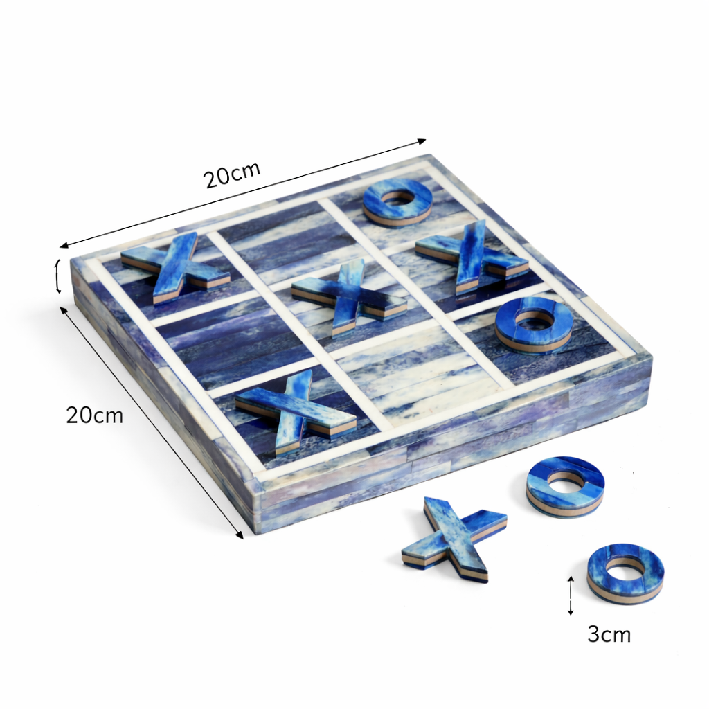 Handcrafted Blue Bone Inlay Tic Tac Toe Game Decor Set