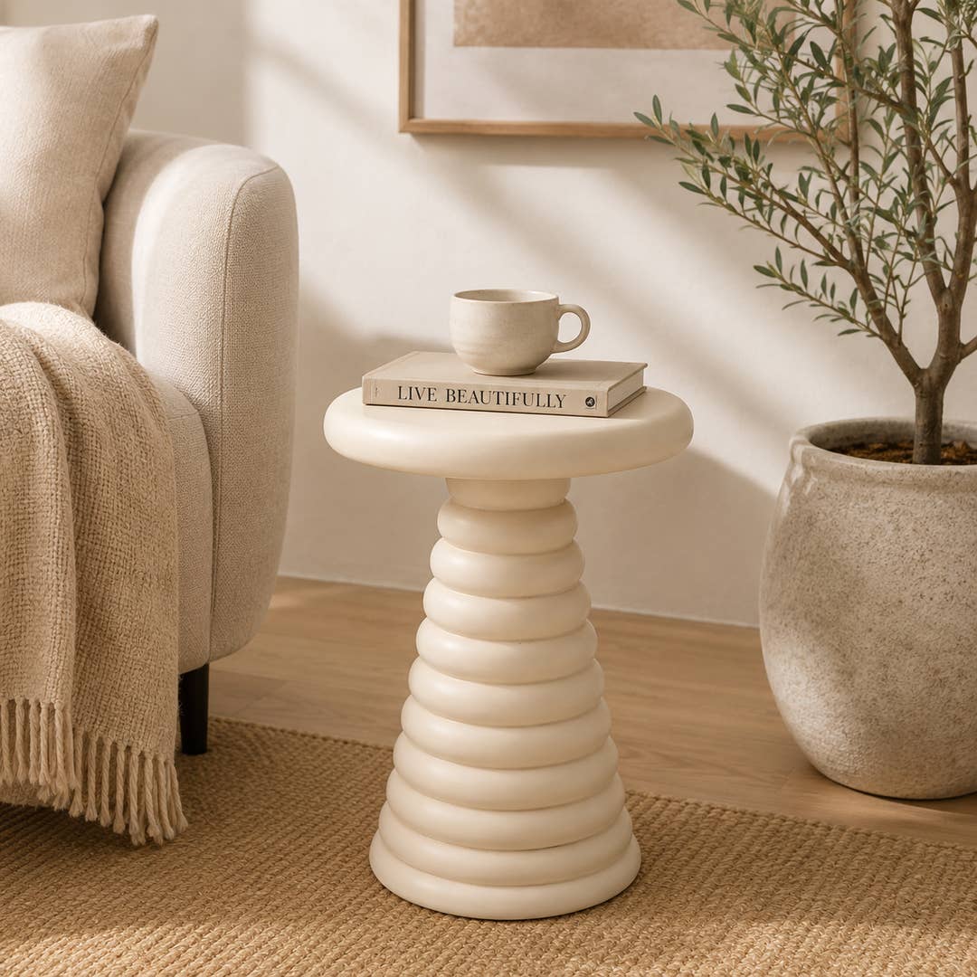 Modern Aluminium Side Table | Beige Sculptural Accent Table