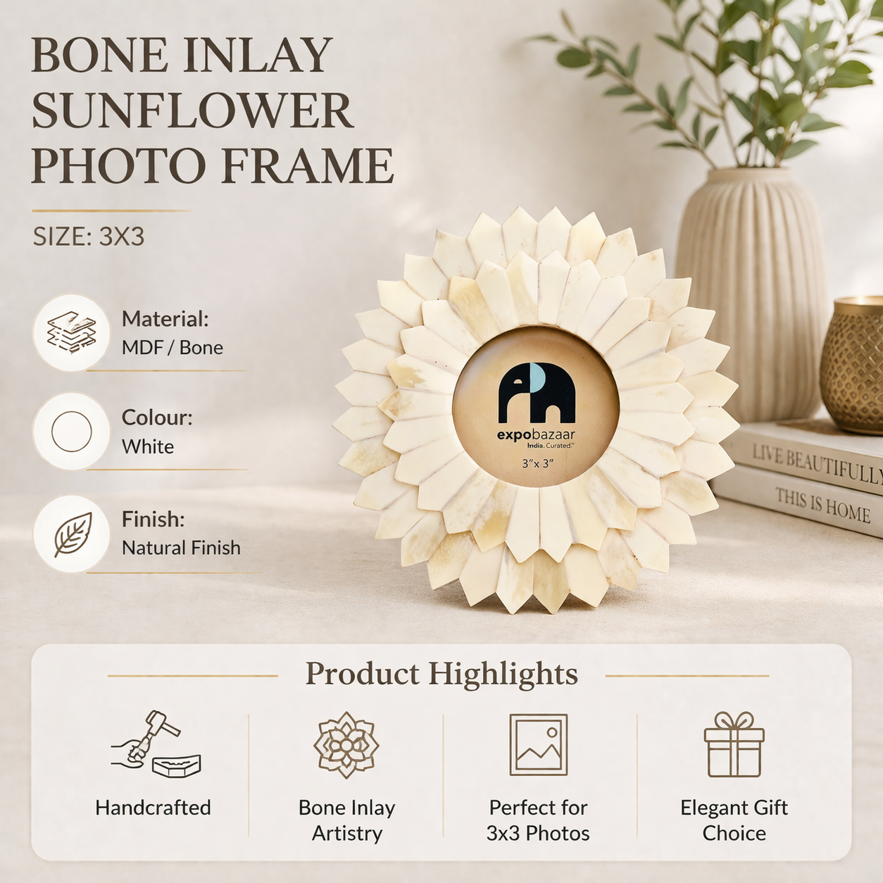 Bone Inlay Sunflower Photo Frame 3x3 Handcrafted White