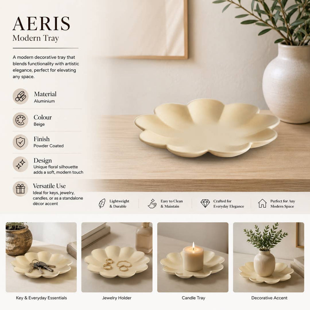 Modern Aluminium Decorative Tray | Beige Flower Centerpiece