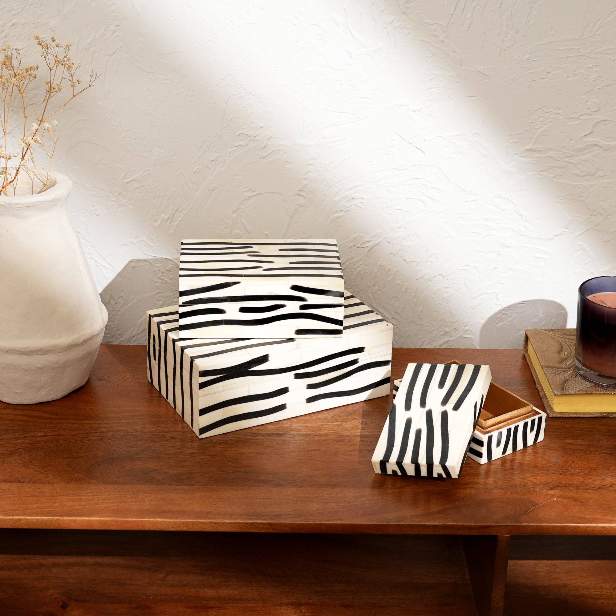 Handcrafted Zebra Pattern Bone Inlay Box Set of 3 White