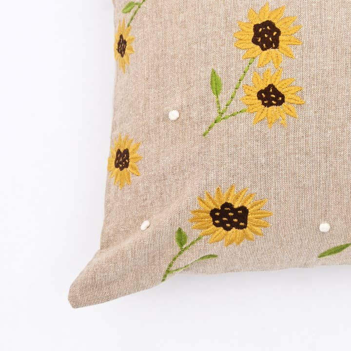 Embroidered Cotton Cushion- Sunflower Design- 45x45 cm