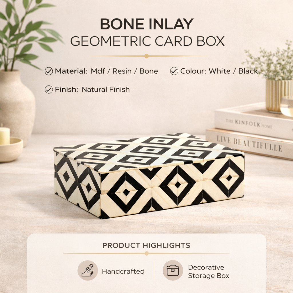 Handcrafted Bone Inlay Geometric Card Box White