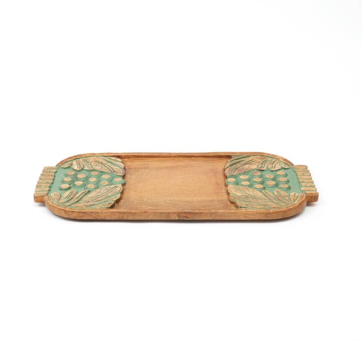 Green Wash Carved Grapes Wooden Serving Board