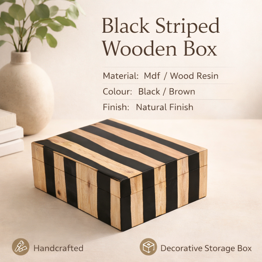 Handcrafted Black Striped Wooden Box Natural Brown Decor