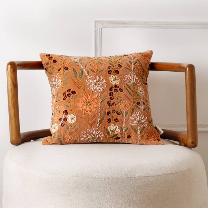 Peach Floral Embroidered Cotton Velvet Cushion 45x45 cm