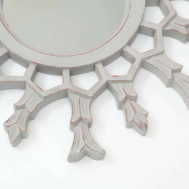 Hand-Carved Metallic Wood Sunburst Wall Mirror