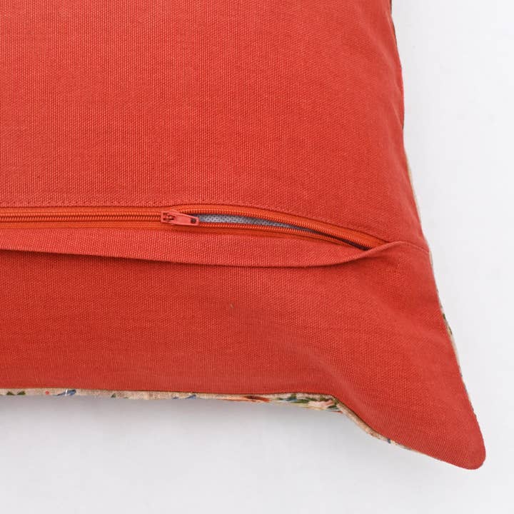 Floral Printed & Embroidered Cotton Lumbar Cushion- 40x60 cm