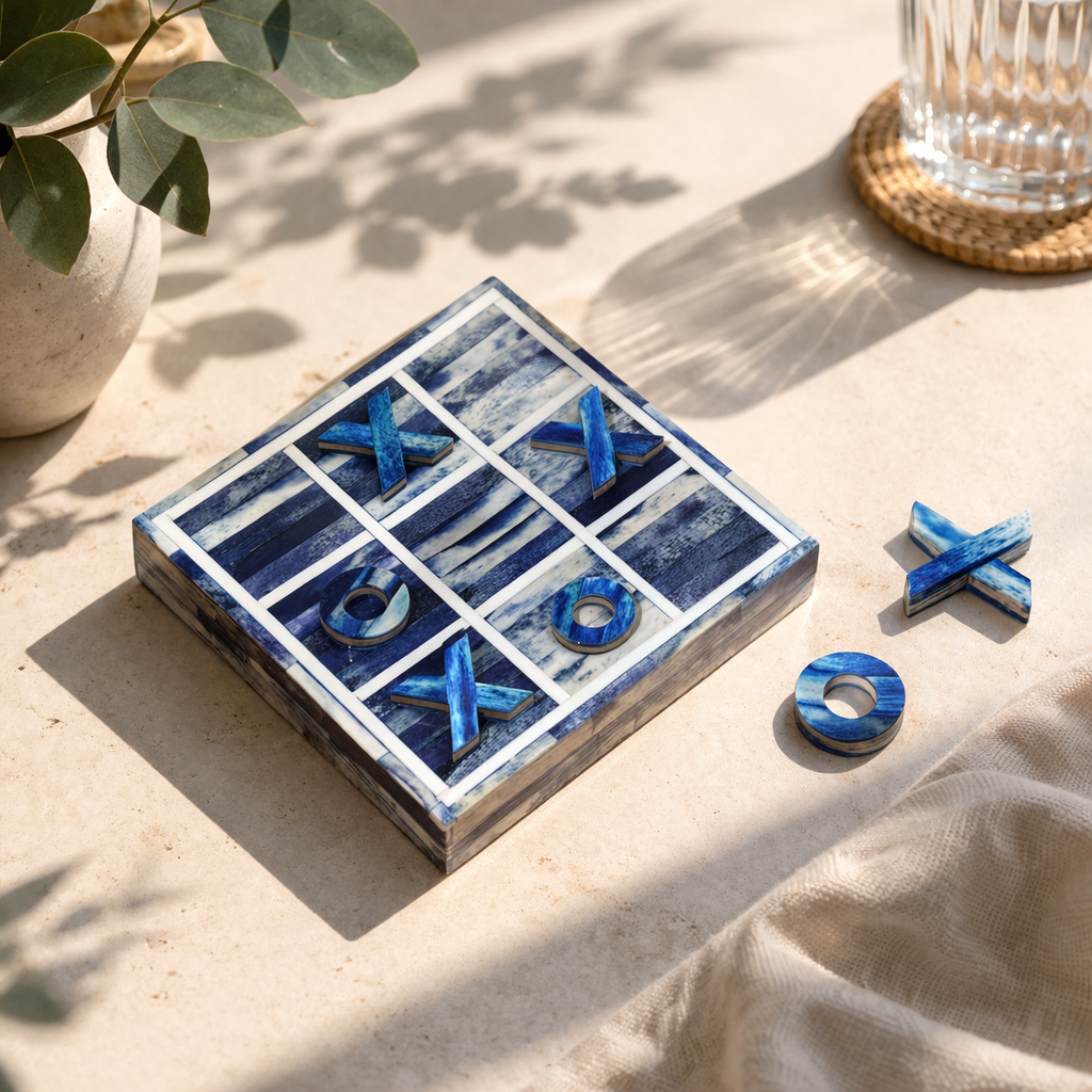 Handcrafted Blue Bone Inlay Tic Tac Toe Game Decor Set
