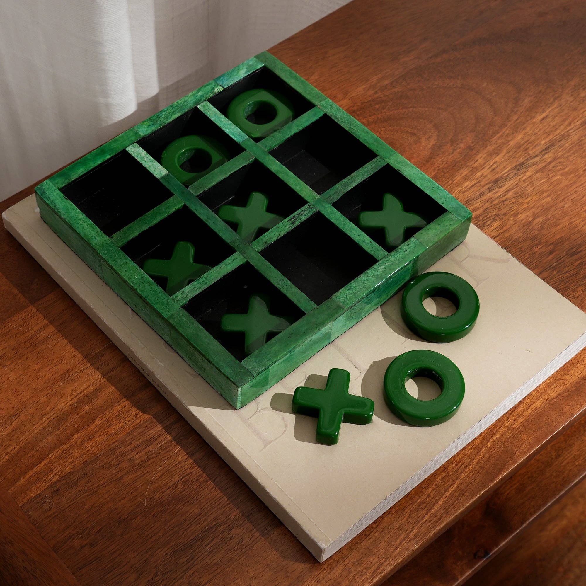 Green Resin Tic Tac Toe Game Set Handcrafted Decor Piece