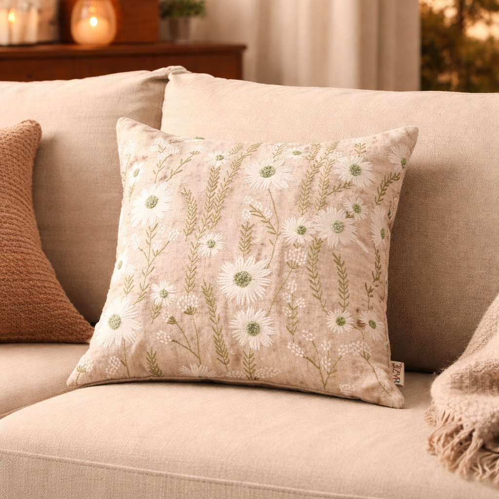 Floral Embroidered Cotton Cushion- Jasmine Design- 45x45 cm