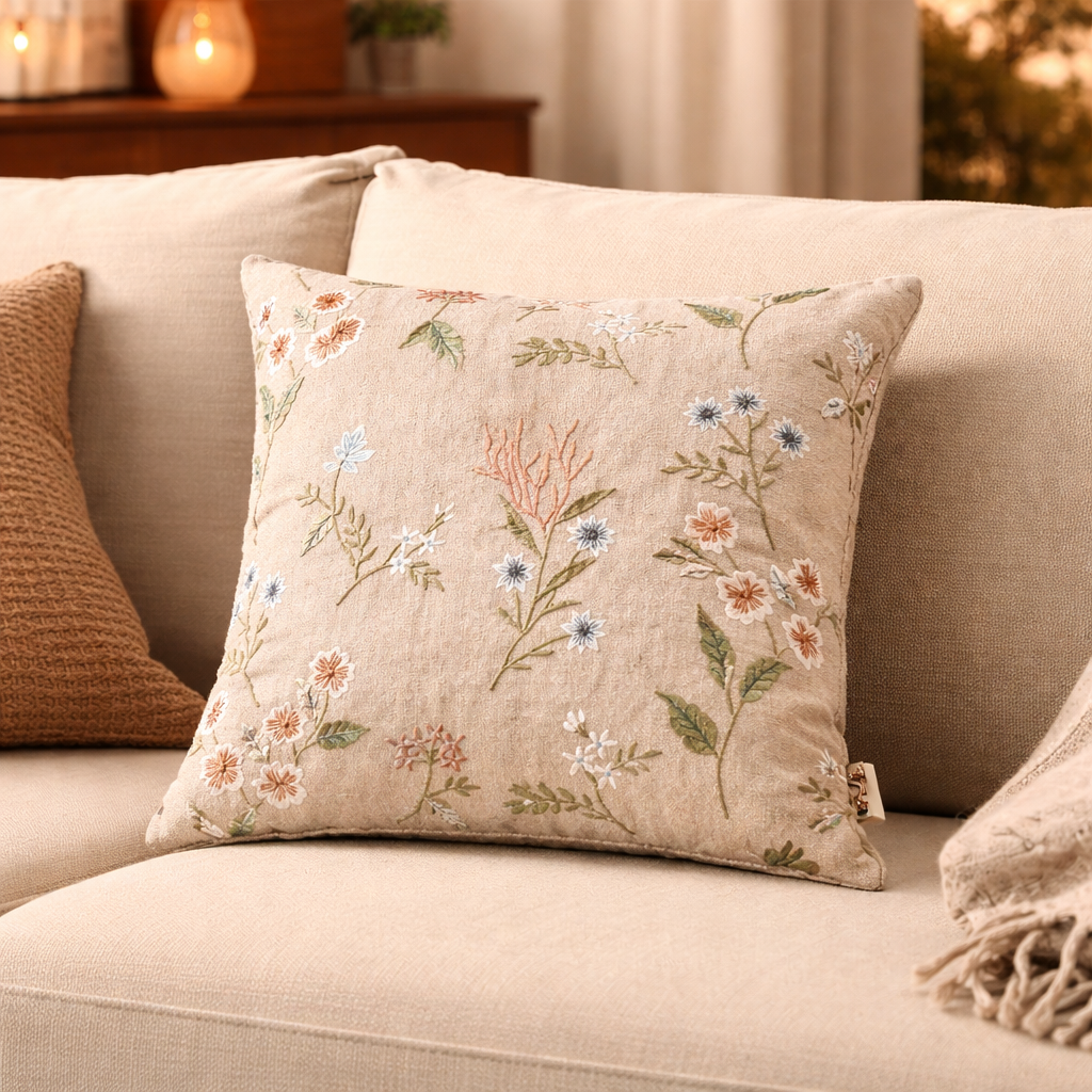 Embroidered Cotton Cushion- Tulip Floral Design- 45x45 cm