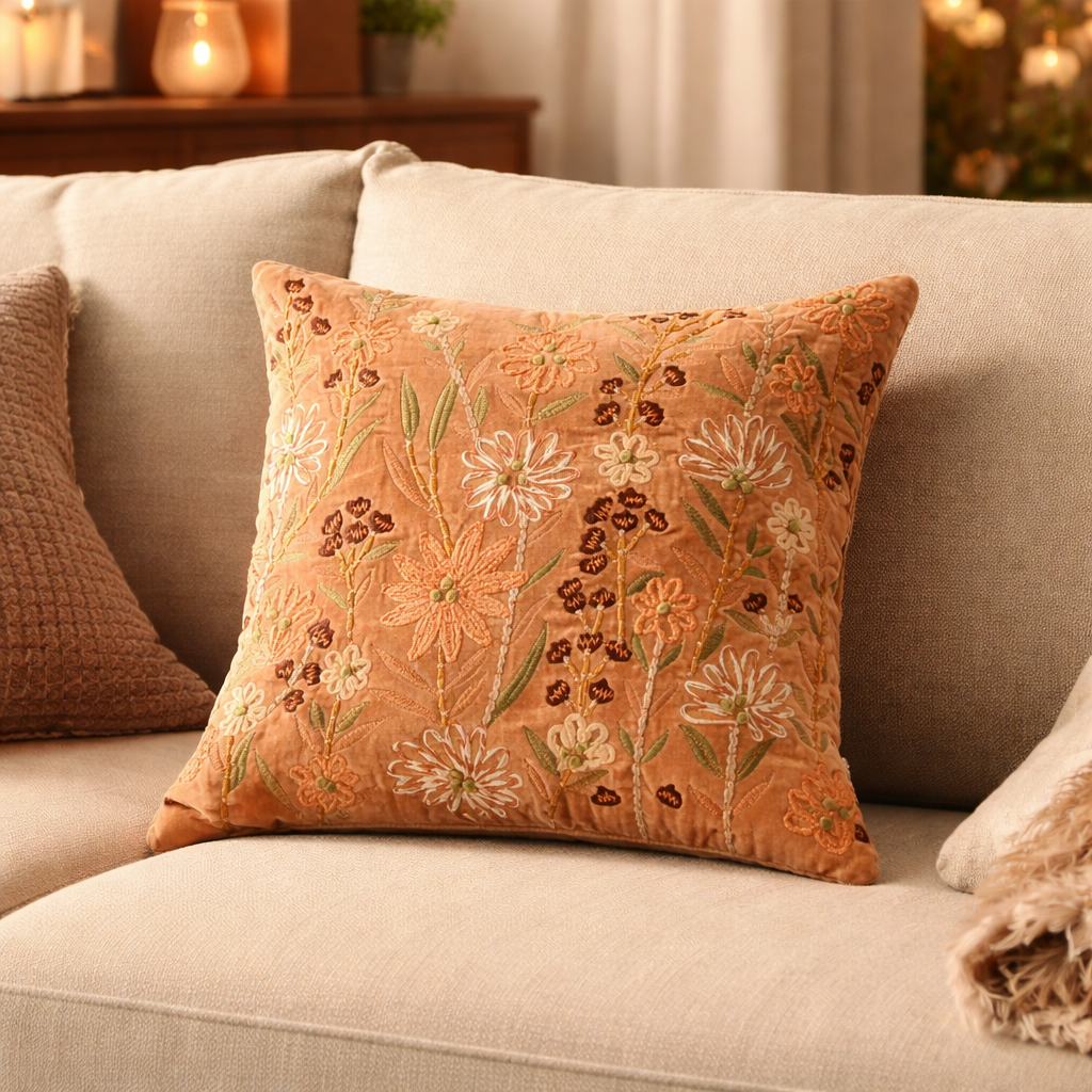 Peach Floral Embroidered Cotton Velvet Cushion 45x45 cm