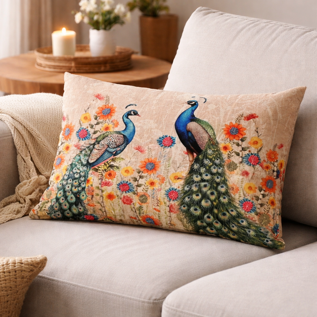 Floral Lumbar Cushion – Peacock Design– 40x60 cm