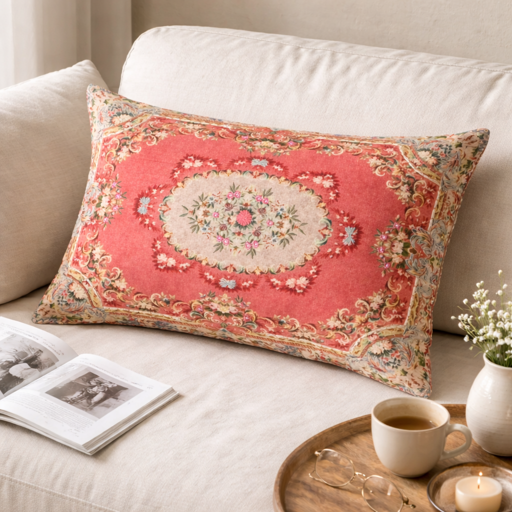 Floral Printed & Embroidered Cotton Lumbar Cushion- 40x60 cm