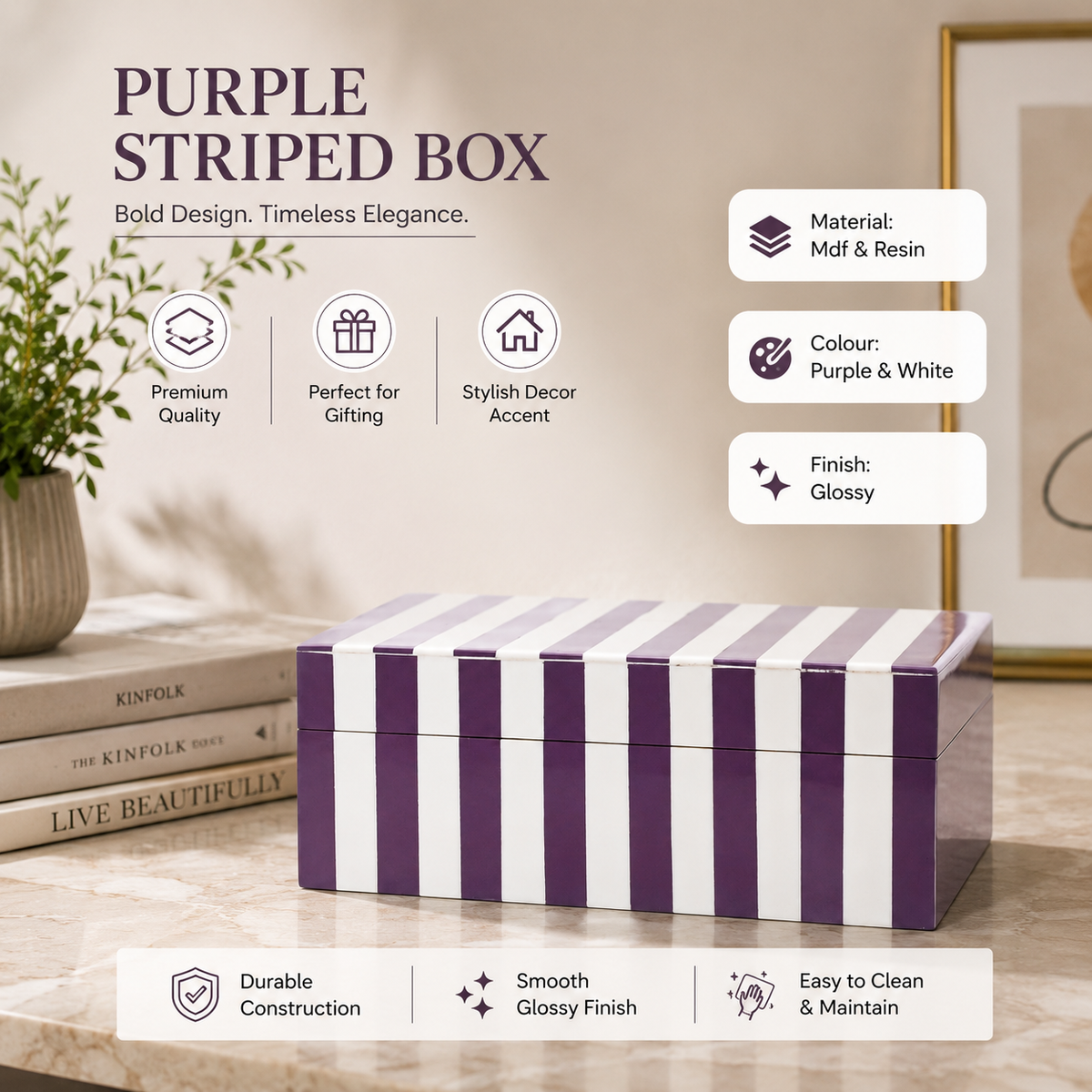 Purple Striped Resin Storage Box Glossy MDF