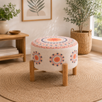 Embroidered Mandala Cotton Pouf Stool with Wood Legs