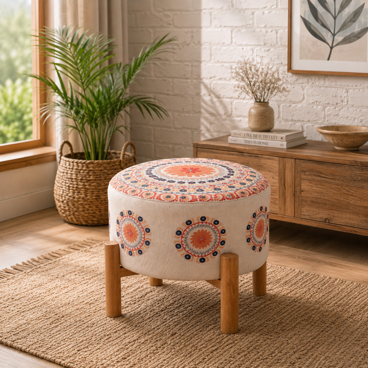 Embroidered Mandala Cotton Pouf Stool with Wood Legs
